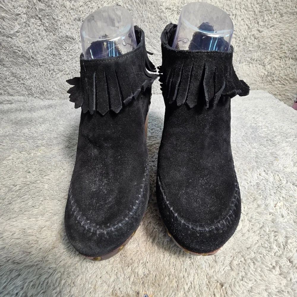 Flogg Moccasin Clog Booties Black Suede Fringe Studded Wood Heel Womens 7.5‎